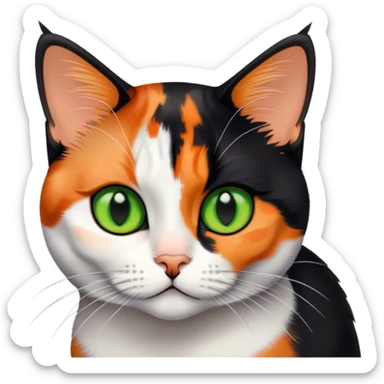 American shorthair calico cat with big green eyes and black fur on the right side of their face and orange on the left side sitting down sticker