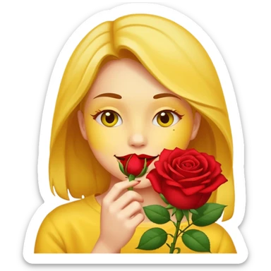 Normal emoji yellow biting a rose flower in romantic  sticker