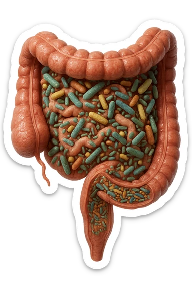 INTESTINO UMANO ANATOMICO CON ALL'INTERNO PIENO DI BATTERI INTESTINALI, IPERREALISTICO 4K sticker