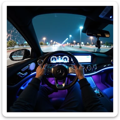night point of view from GoPro camera mounted on driver's chest, looking over steering wheel of 2025 Mercedes S-Class in parking lot, luxury interior with blue and purple ambient lighting, both hands on wheel, rainy windshield with blurred outside, hyperrealistic cinematic style sticker