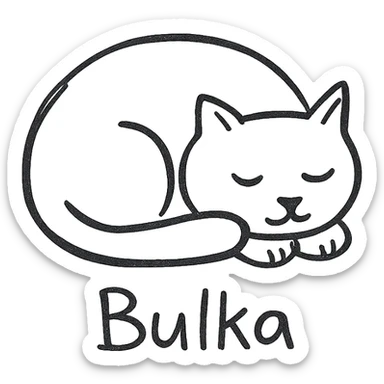 hand-drawn black outline icon of a cat named Bulka, curled up and sleeping sticker
