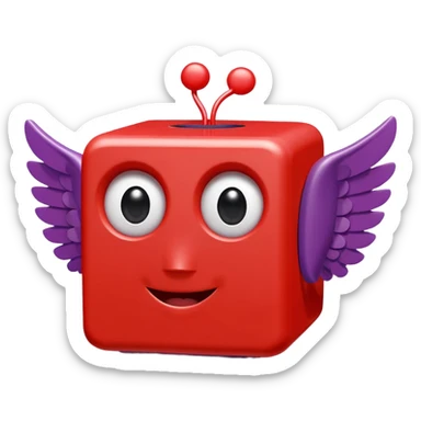 playful red cube figure with white accents, featuring large cartoonish eyes with question marks, a smiling mouth, and small wings attached to its sides sticker