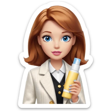 A Barbie girl with blue eyes, shoulder-length reddish-brown hair, made-up, in a white tweed jacket and black skirt, holding a tube of pale yellow face cream sticker