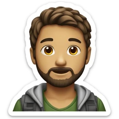 a young boy with beard and a laptop sticker