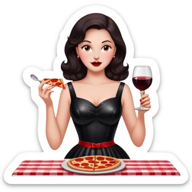 Beautiful woman in 1950’s woman fashion look, black shimmery dress, long dark brown hair, red wine, Pepperoni pizza sticker