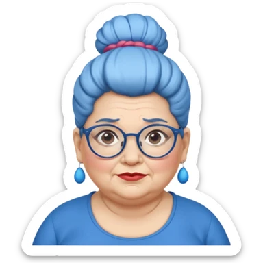 fat old woman with blue big bun hair and glassess, no earrings sticker