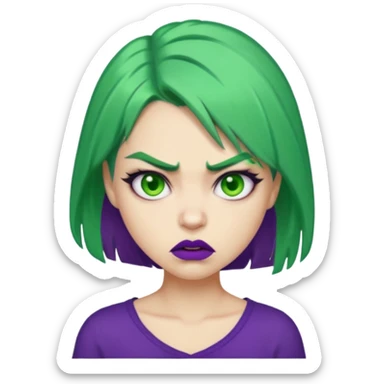 girl with green hair, purple lipstick, angry expression sticker