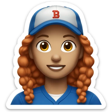 female coach with red hair in blue shirt and with a blue baseball hat sticker