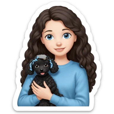 One Brunette girl with blue eyes and long hair in a light blue sweater holds one black Poodle puppy in her arms sticker