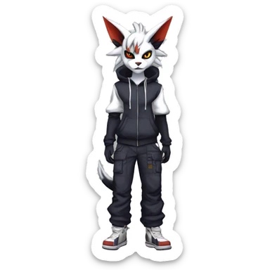 Cool Anthro Absol-Noivern-Litten-Lynx-Pokémon with edgy stripes hoodie spiked collar punk techwear Cargo Pants Full Body sticker