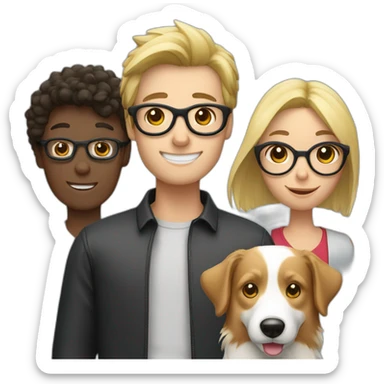 Border Collie with 2 people  a blond woman and a man with glasses sticker