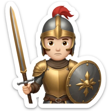 An emoji of the Roman god Mars. He is a warrior with a helmet and armor, holding a sword and shield, with a fierce expression. sticker