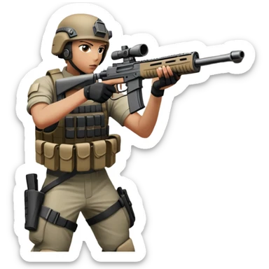A skilled airsoft player aiming and shooting metal BBs from a replica gun, standing in a ruined urban environment. The background features crumbled walls and debris, emphasizing strategy, precision, and intense action in a tactical, team-based sport. sticker