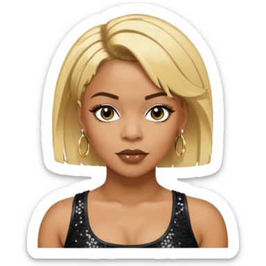 T Boz from TLC with short blonde hair, black sequin crop top, black earring sticker