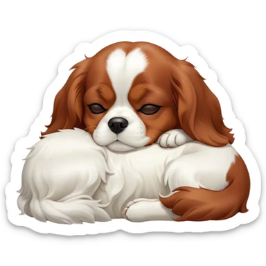 Cinematic Meme-Worthy cute Sleeping Cavalier King Charles Spaniel Portrait Emoji, Head resting peacefully with a contented smile, showcasing a delightfully cute build and a luxuriously soft coat of chestnut and white, eyes shut in a serene nap, Simplified yet hilariously adorable features, highly detailed, glowing with a soft, drowsy light, high shine, relaxed and utterly lovable, stylized with an air of playful laziness, bright and heartwarming, soft glowing outline, capturing the essence of a comically sleepy Cavalier King Charles Spaniel, so meme-worthy it feels like it could instantly become the next viral sensation of adorable slumber! sticker