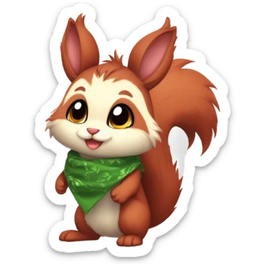 Cute, Chibi, chubby, fluffy, Kemono-style, Anthro, Fur-Sona, Dark-Red, Squirrel-Rabbit-hybrid-Fakémon, with a green bandana, full body sticker