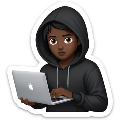 hackeur cheveux noir et capuche noiravec un macbook sticker