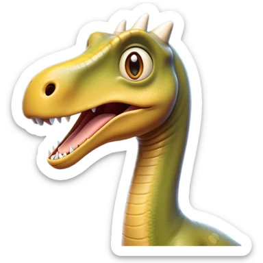 Cinematic Comical Brachiosaurus Portrait Emoji, Head tilted dramatically with an exaggeratedly surprised expression, featuring a tiny, animated head atop an impressively long neck, with wide, comically expressive eyes and a subtly quirky posture, Simplified yet humorously expressive features, highly detailed, glowing with a slightly sassy golden glow, high shine, dramatic yet playful, stylized with an air of cheeky prehistoric mischief, soft glowing outline, capturing the essence of a meme-worthy Brachiosaurus that looks ready to playfully leap its way into viral fame! sticker
