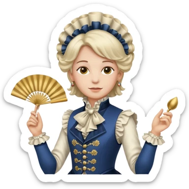 An emoji portrait of a French aristocrat. He wears a powdered wig and a silk waistcoat with a ruffled jabot. His expression is poised and refined, and he holds a fan. sticker