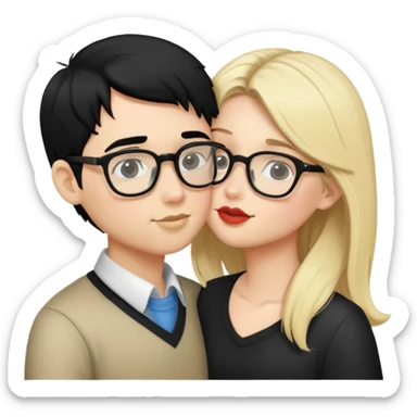 A blonde girl with NO glasses kissing a boy with glasses and black hair sticker