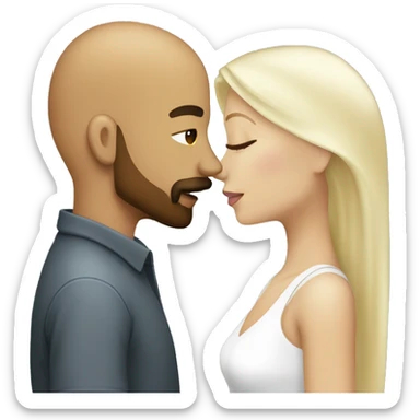 Dark tan male, bald with beard and mustache kissing a white female with long straight platinum blonde hair  sticker