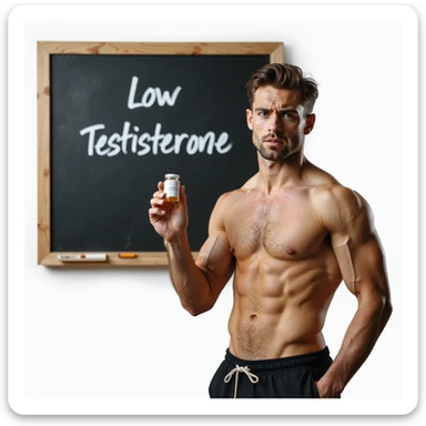 athlete taking oral steroids in front of blackboard with text 'Low Testosterone', worried expression, realistic details, isolated on white background sticker