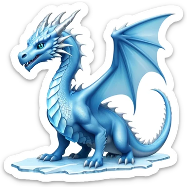 Cinematic Noble elegant Ice Dragon full body Emoji, Poised and imposing, distinct long elegant snout, with a slender, scaled body shimmering in glacial hues of icy blue, frostbitten silver, and crystalline white, breathing out frost, with piercing, glowing eyes that radiate the chilling depths of an arctic storm; rendered in detail. displaying its wings sticker