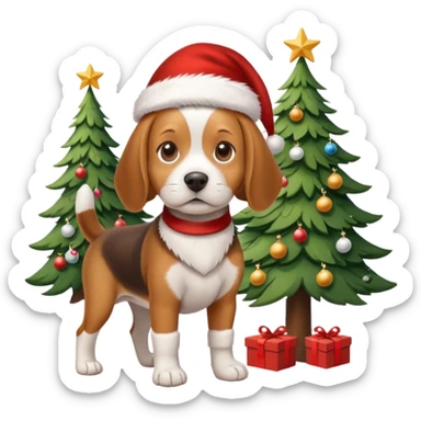 beagle wearing santa hat and standng by the xmas tree sticker
