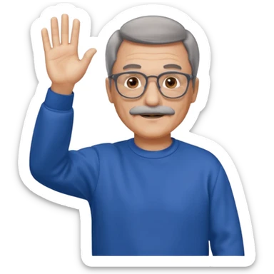 60 yr man partial brown hair parted in center, gray mustache, light glasses, sweatshirt waving hello sticker