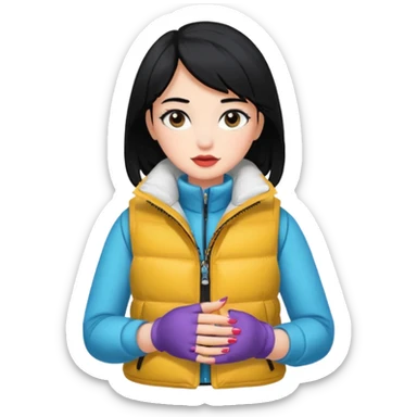 girl with black hair in a white puffer vest with nails sticker