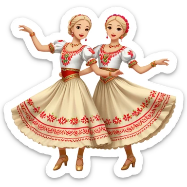 Cinematic Realistic scene of two dancers performing the Mazurka, dressed in vibrant traditional Polish costumes with intricate embroidery and flowing skirts, captured in graceful motion with warm, festive lighting sticker