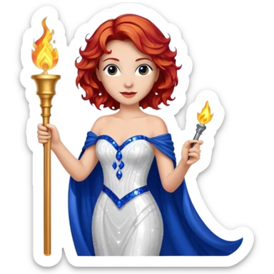 Torch Lady from Film Studios with red wavy hair, white sequin gown, royal blue sequin drape, holding torch sticker
