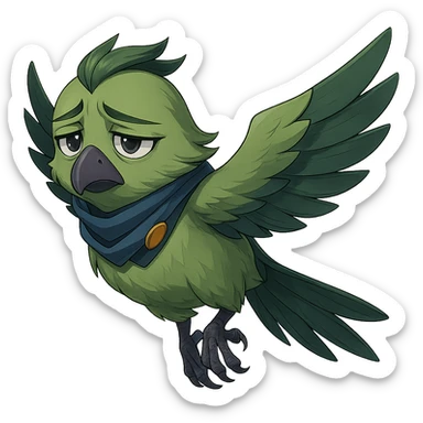 Make the anime style green bird inspired by Valorant agent Falko flying and looking sad, more detailed, with no background. Preserve the anime style and green bird characteristics. sticker