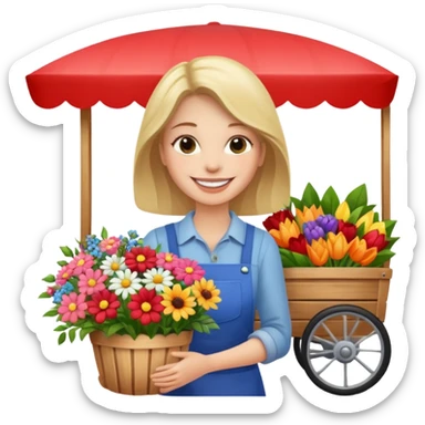 Shopper with flower bouquet,Farmers’ Market, background Flowers cart. sticker