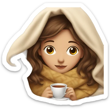 Girl with brown hair cozy in her blanket with tea sticker