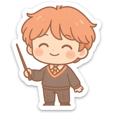 Chibi kawaii Ron Weasley with exaggerated proportions (big head, small body), clean lines and dark brown thin outline, happy expression with closed arched eyes, subtle smile, rosy cheeks. Classic Gryffindor uniform: dark gray sweater with red and gold stripes, white shirt, red/gold striped tie, dark dress pants, black socks and shoes. Holding wand. Voluminous, slightly messy red hair. Warm, earthy, pastel palette, light cel shading, neutral or transparent background. sticker