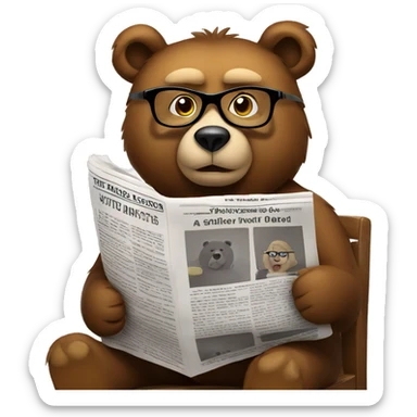 bear sitting on chair wearing glasses reading newspaper sticker