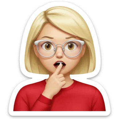 emoji style, side view woman with light skin, blonde bob hair, white cat-eye glasses, red shirt, hand cupped tightly around her mouth, hand close to nose and lips, shouting loudly, energetic expression, simple background sticker
