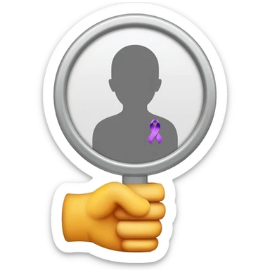 Apple iOS–style 3D emoji: round silver mirror in a hand, front view. In reflection, neutral silhouette with little violet awareness ribbon (classic looped cause-support ribbon) on chest, only visible in reflection. White background, soft shadow. sticker