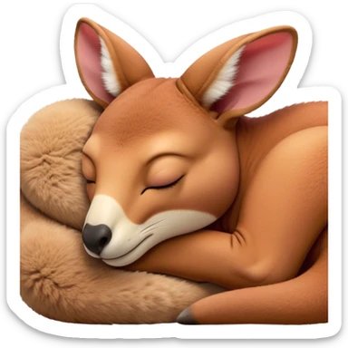 Meme-Worthy Cute Sleeping Adult Red Kangaroo Portrait Emoji, Head resting peacefully with a contented smile, showcasing a solid, reddish form with a characteristic red kangaroo-shaped head featuring a soft, elongated snout and small, relaxed ears, eyes shut in a serene, restful nap, Simplified yet adorably endearing features, highly detailed, glowing with a soft, drowsy outback light, high shine, relaxed and utterly lovable, stylized with an air of playful laziness, soft glowing outline, capturing the essence of a sleeping kangaroo that feels destined to become the next viral icon of adorable rest! sticker