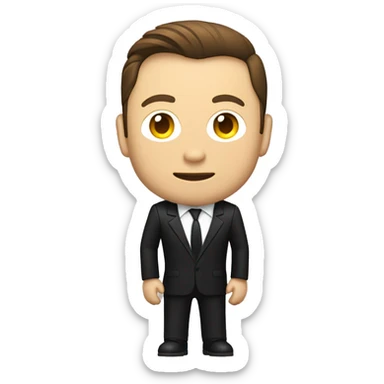 Create an iOS emoji of Elon Musk dressed in a black suit, riding a motorcycle. The character should resemble an action hero style, with a determined expression. Use a clean, minimalistic design to keep it simple and icon-like. sticker