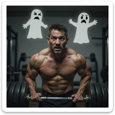 realistic, dramatic; muscular man in gym, lifting weights, exhausted and tense, sweat, eyes show mental and emotional strain, background with ghost-like stress symbols (arguments, bills), gym equipment, expressive posture sticker