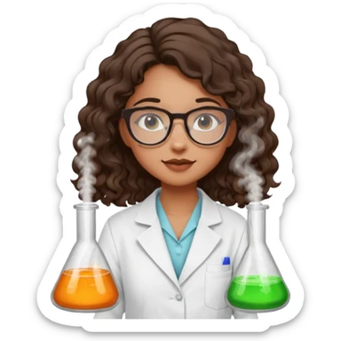 bratz doll with long loose curly dark brown hair, that reaches her lower back glasses that are round cat eye vibes, in a lab coat mixing beakers that glow shes a 4th grade girl sticker