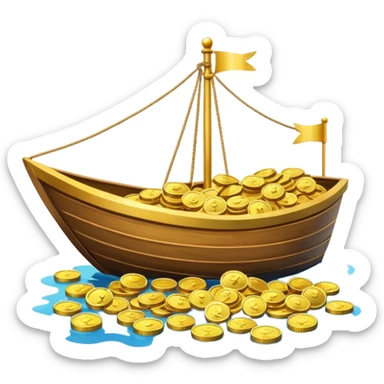 emoji of gold coins on the boat in the sea sticker