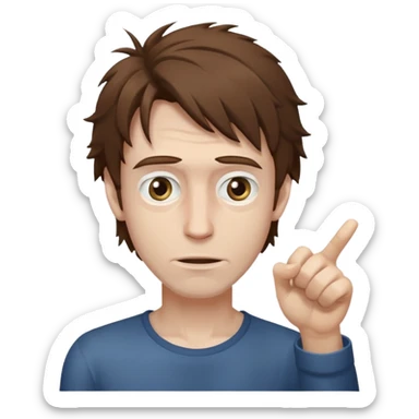 Weak man with disheveled hair pointing to his right sticker