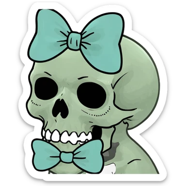 skull wearing a small light aqua blue bow sticker