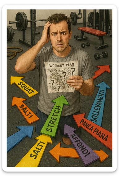 a person stands in the center of a gym, surrounded by arrows pointing in all directions, each labeled with a different exercise (e.g., “squat,” “Salti,” “stretch,” “Panca Piana”). The person looks bewildered, holding a workout plan with scribbles and question marks. The scene is colorful but visually messy, symbolizing confusion. in italiano immagine iperrealistica sticker