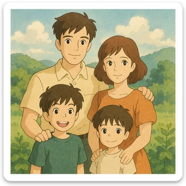 ghibli style soft illustration of a heterosexual couple with two boys sticker