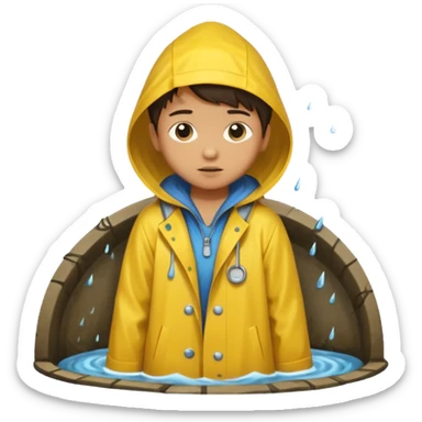 Enfant a caouet jaune se penchant vers un égout et il pleut sticker