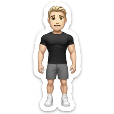 Pale skinned Fit Man With the biceps and dark brown hair in black shirt, gray sports shorts and white Sneakers sticker